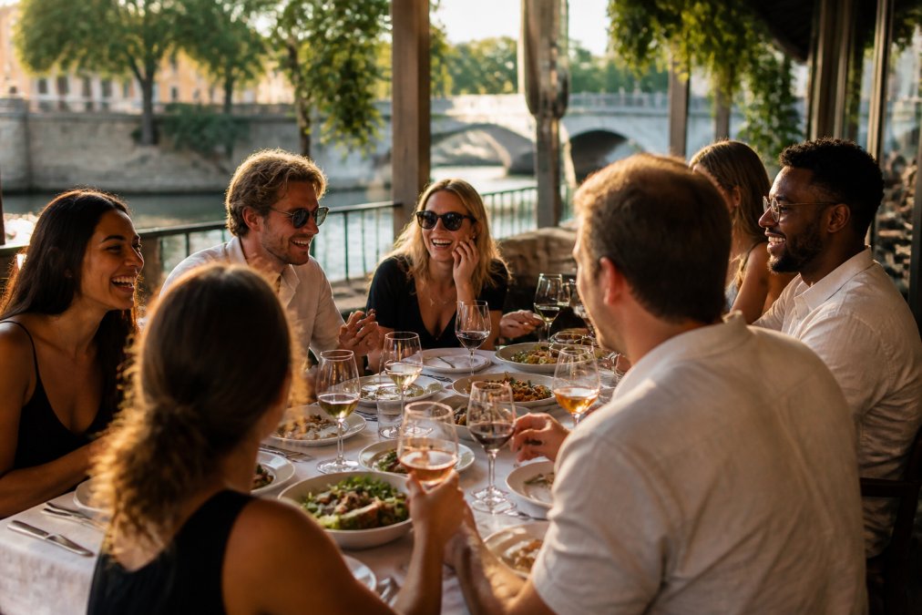 A diverse group of friends laughing and dining together at a riverside restaurant table, with wine glasses and shared plates visible, warm evening light casting long shadows across white tablecloths
