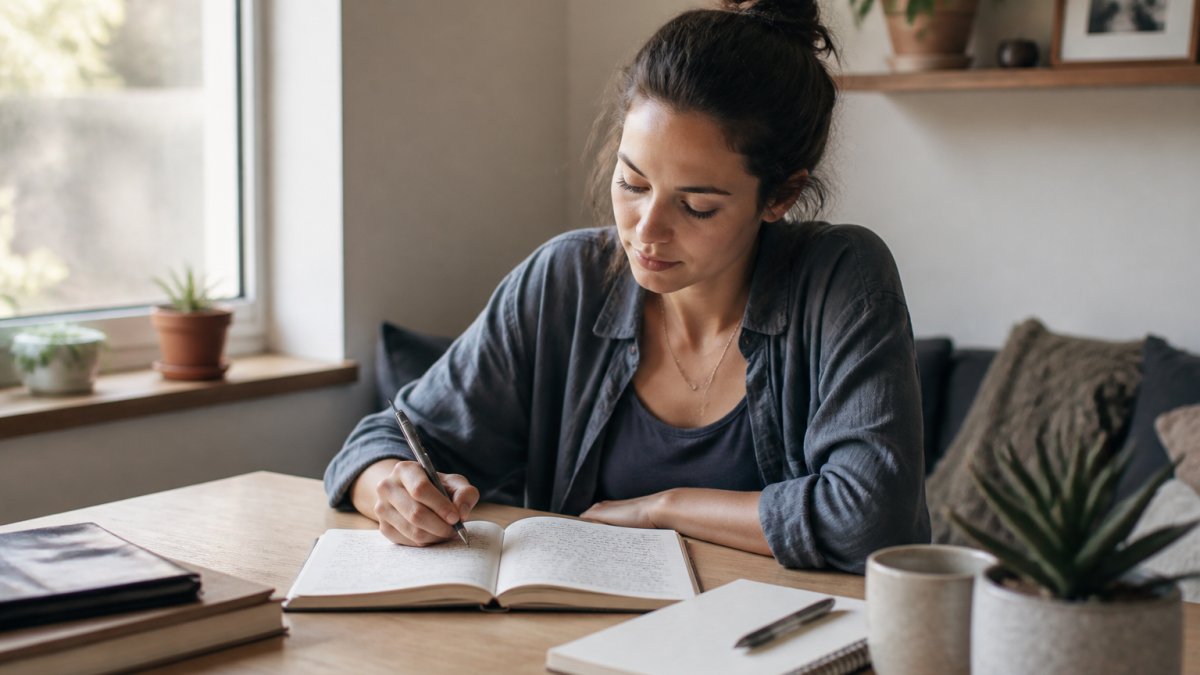 Person sitting at a desk with a journal, notepad, and pen, preparing notes and reflections in a calm home setting with soft natural light from a nearby window