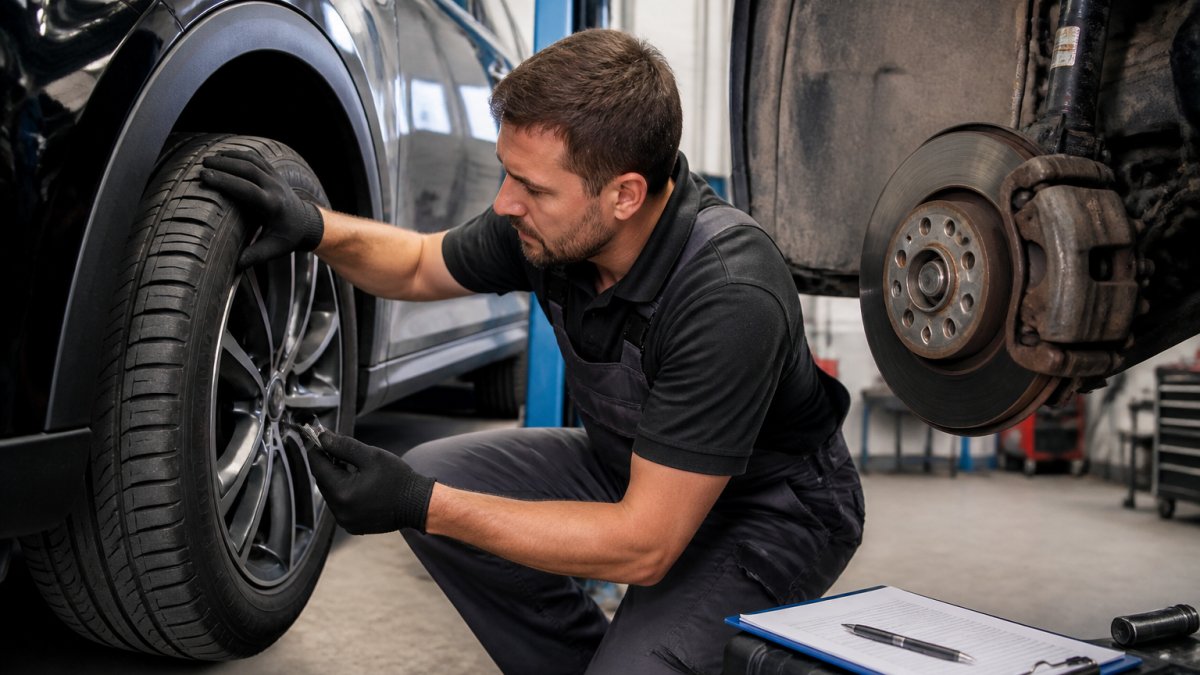Professional inspector conducting detailed used car inspection, checking tire tread depth and examining brake components with clipboard and diagnostic tools in well-lit service bay