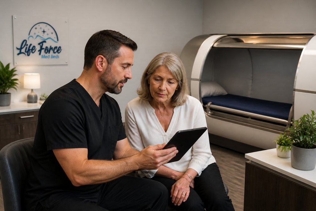 Healthcare professional conducting wellness consultation with patient in modern clinic, reviewing health metrics on digital tablet with wellness equipment visible in background