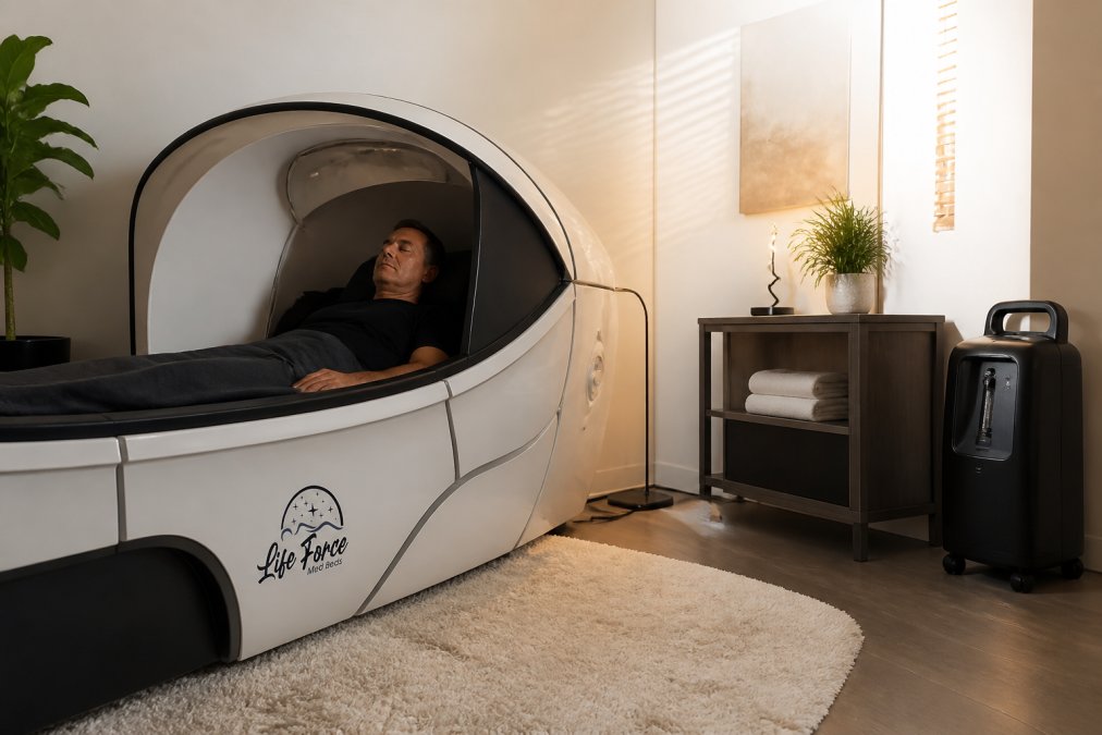 Person relaxing in modern home wellness room with integrated technology, natural ambient lighting, and professional wellness equipment visible, demonstrating comfortable wellness environment