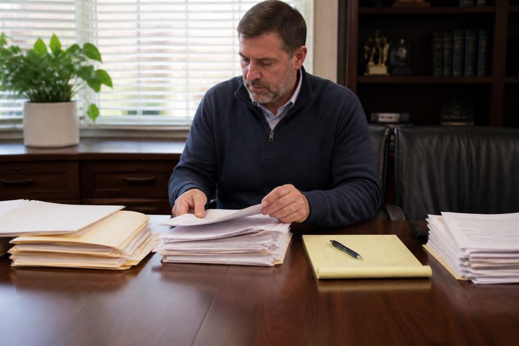 A business owner at a conference table organizing claim files, medical records, and a notepad beside a laptop in a bright office