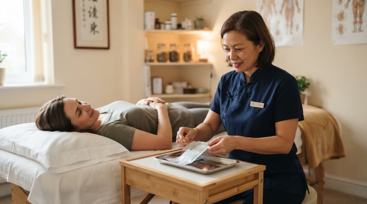 A calm treatment room in a traditional Chinese medicine clinic, with a comfortable treatment couch, soft lighting, and a practitioner preparing fine acupuncture needles on a clean tray