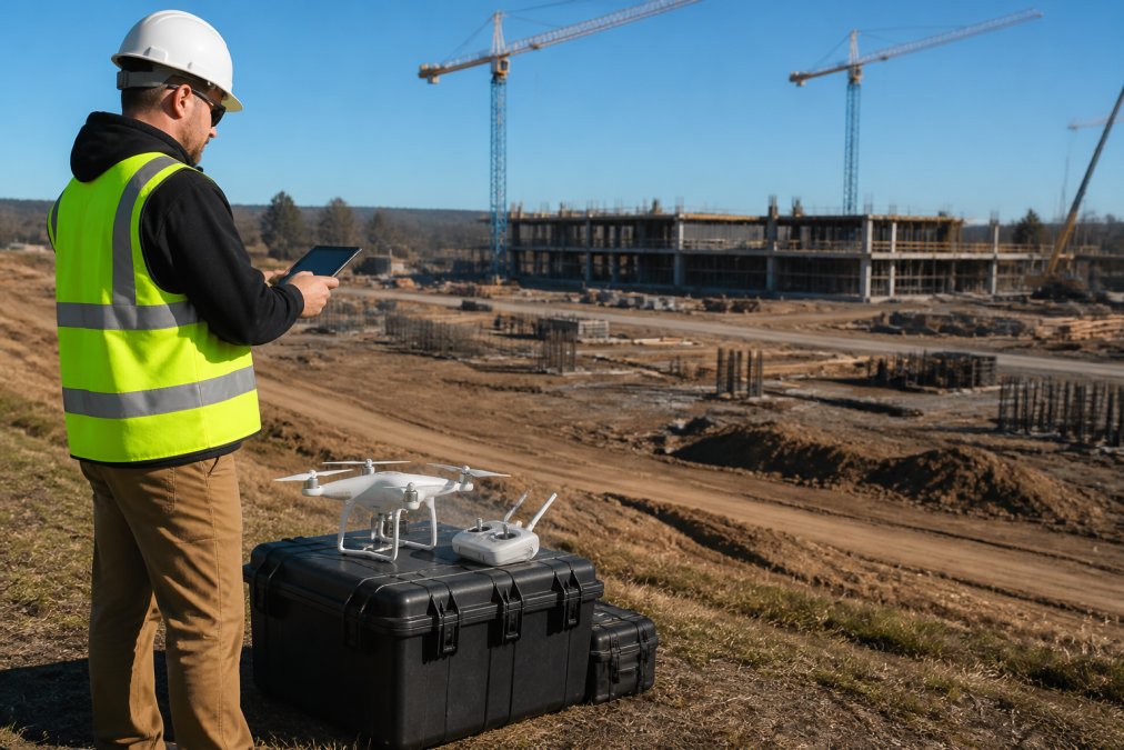 Professional drone operator in field standing beside equipment case, checking weather conditions and flight path on tablet with construction site visible in background under clear sky