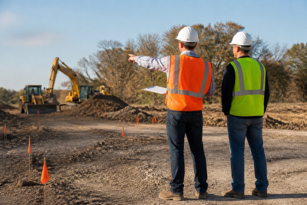 Site supervisor in hard hat walking property with clipboard, marking hazard areas with orange flags and pointing out camera angles to colleague, with construction site equipment visible in background