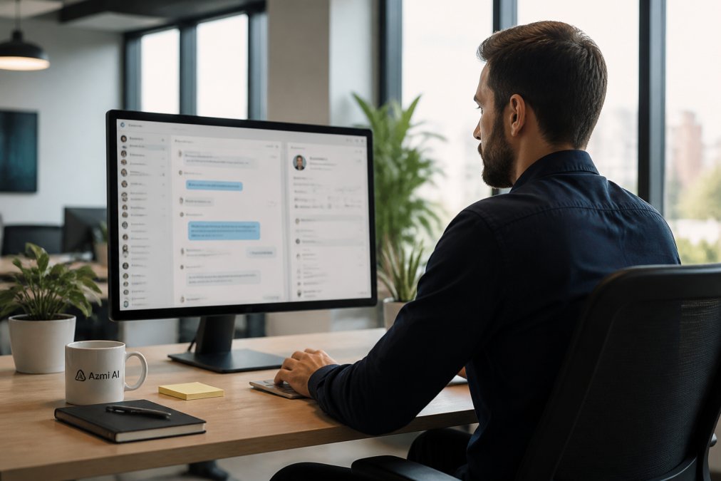Sales team member reviewing qualified leads on a computer screen in a modern office setting, with multiple chat windows and prospect information visible on the monitor, natural office lighting streaming through windows