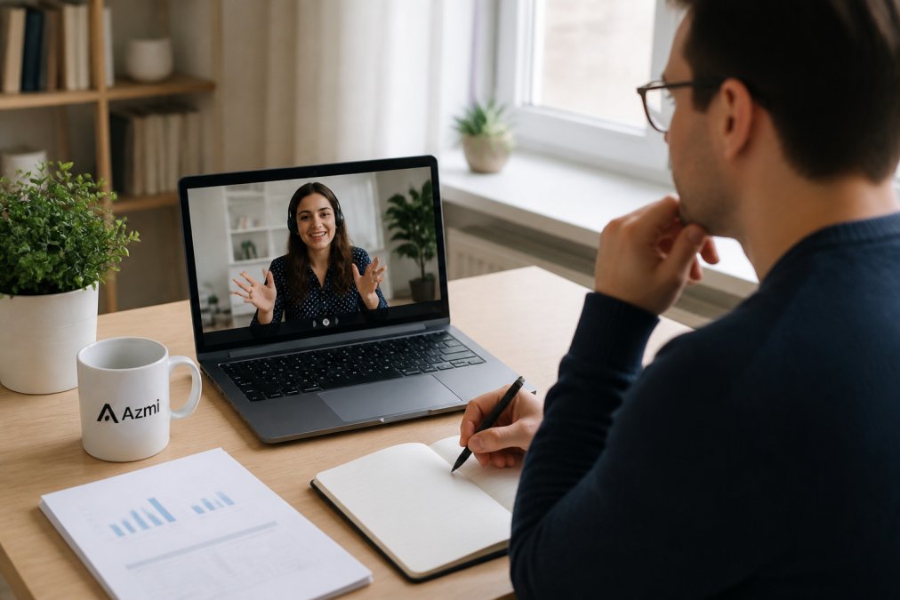 Business professional on a video call with a sales representative, discussing AI automation features on a laptop screen in a bright home office, with notes and documents visible on the desk