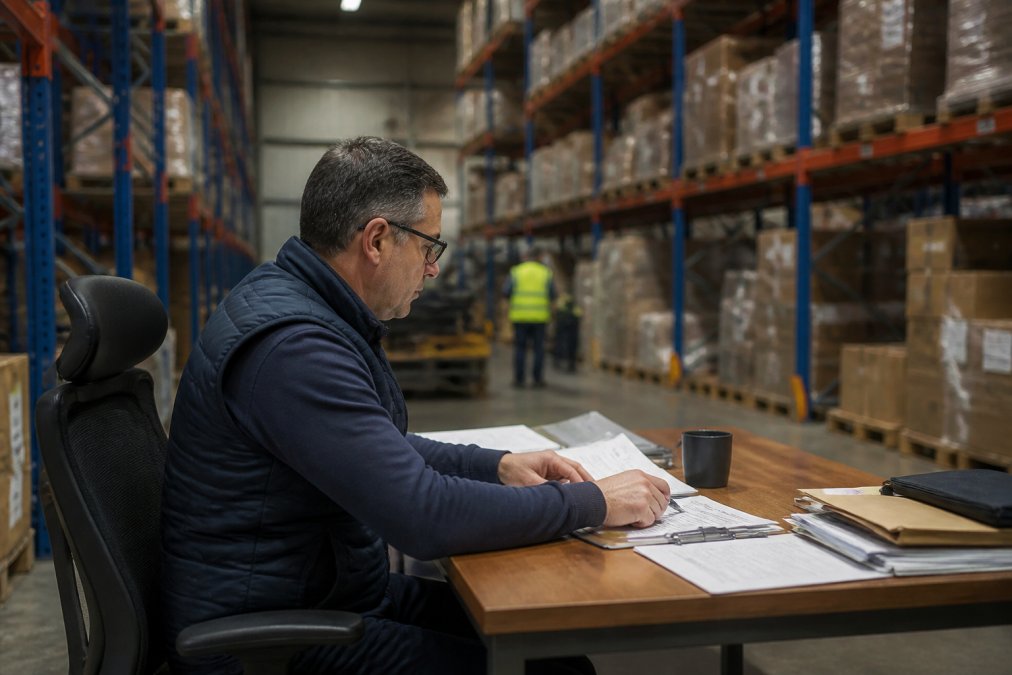 Operations manager reviewing weekly AI recommendations on a laptop at their desk, with inventory data and warehouse operations visible in the background
