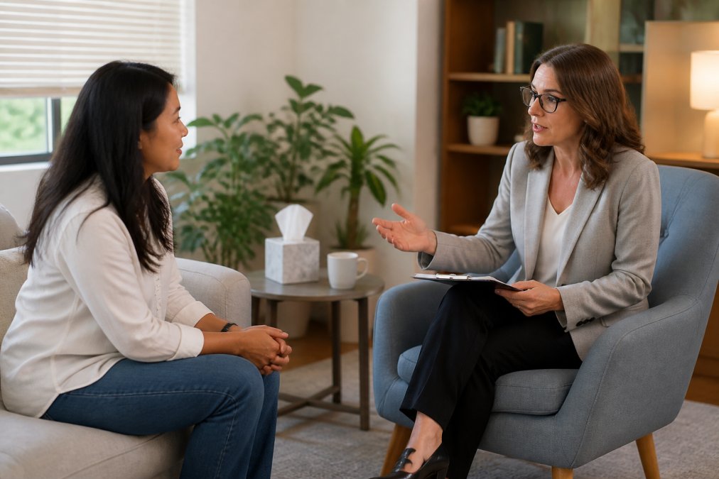 Compassionate psychiatrist and patient having a conversation in a calm, professional office setting with natural lighting