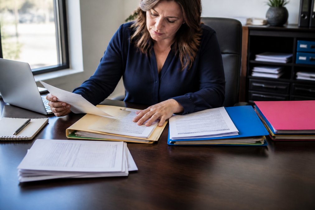 Person sitting at a desk with insurance policy documents spread out, organizing papers into labeled folders with a laptop and notepad nearby, natural office lighting