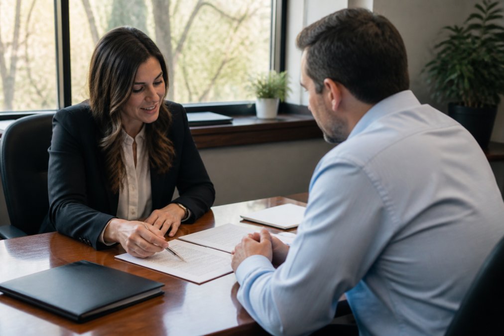 Insurance agent and client sitting across from each other at a professional desk, reviewing documents and discussing coverage together in a modern office with natural lighting
