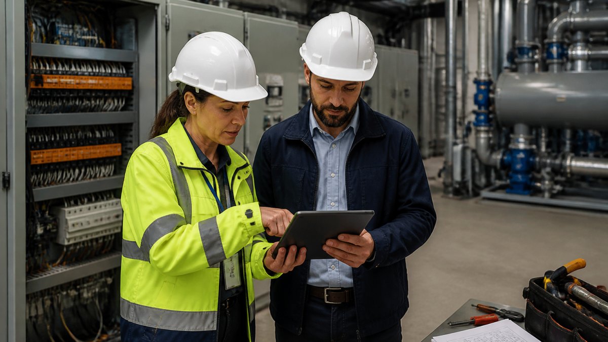 Facility manager and engineer reviewing system data during an integrated building controls audit in a control room