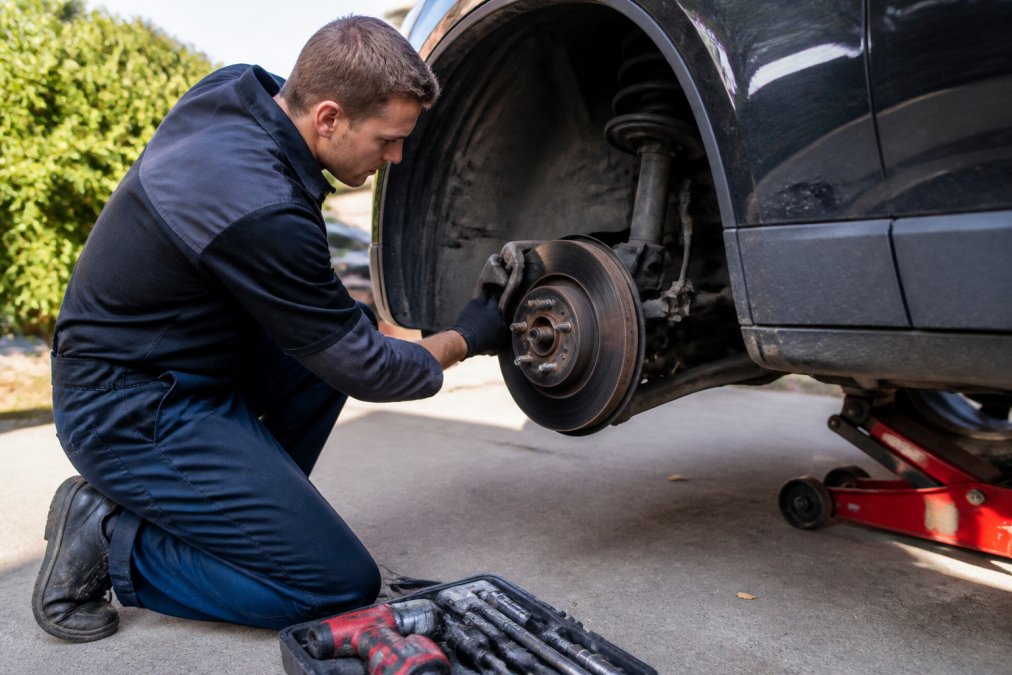 Professional mechanic performing vehicle safety inspection on-site, checking brake components and suspension system with diagnostic tools in driveway setting