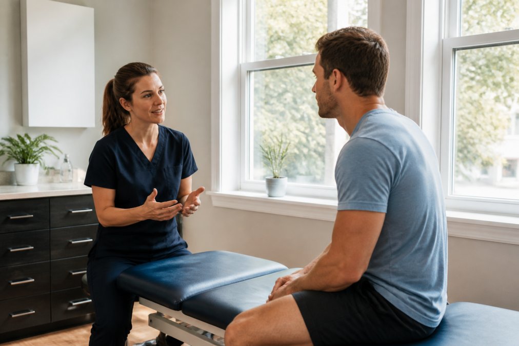 A professional osteopath in a bright, modern clinic room speaking with a patient who is sitting on a treatment table, natural daylight through windows