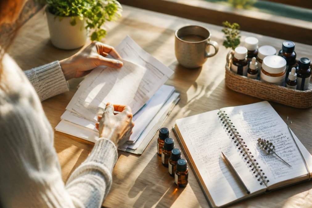 Close-up of a person's hands organizing health documents, medication bottles, and a handwritten wellness journal on a clean desk with natural morning light streaming in