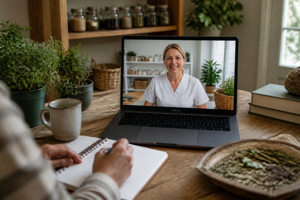A registered nurse visible on a laptop screen conducting a secure video consultation, with a patient's hands holding notes visible in the foreground, warm home office setting with herbal plants on shelves and natural window light