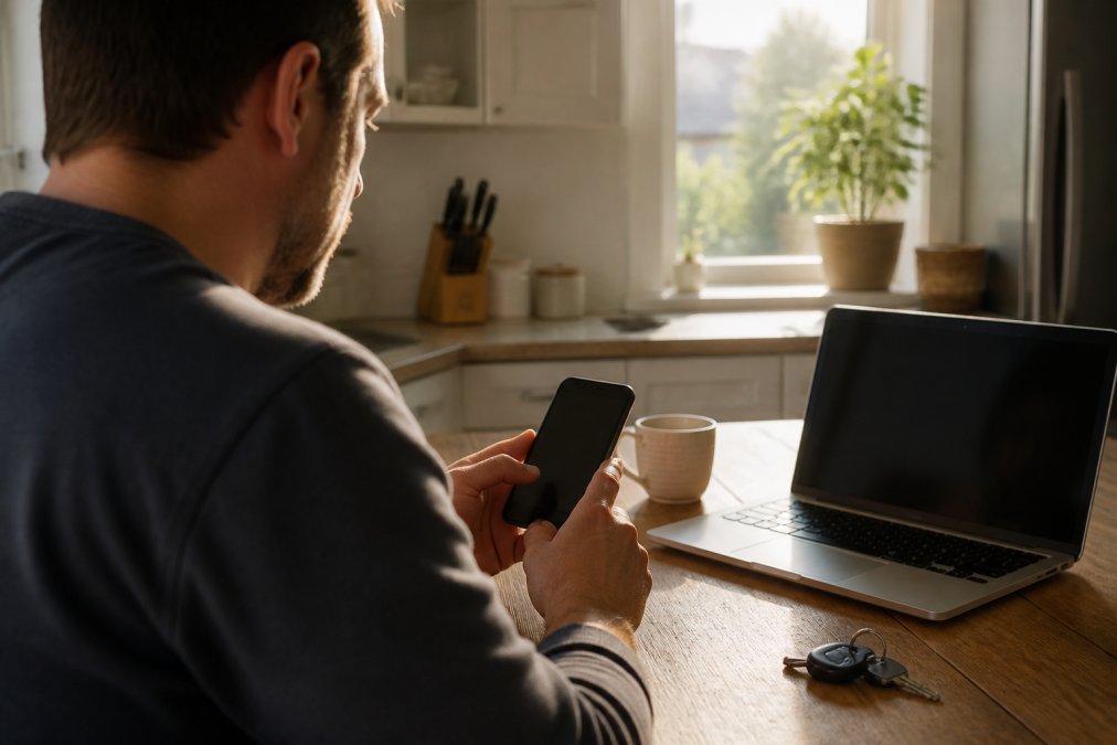 Step-by-step infographic showing how to book auto repair appointments online using a smartphone and laptop.