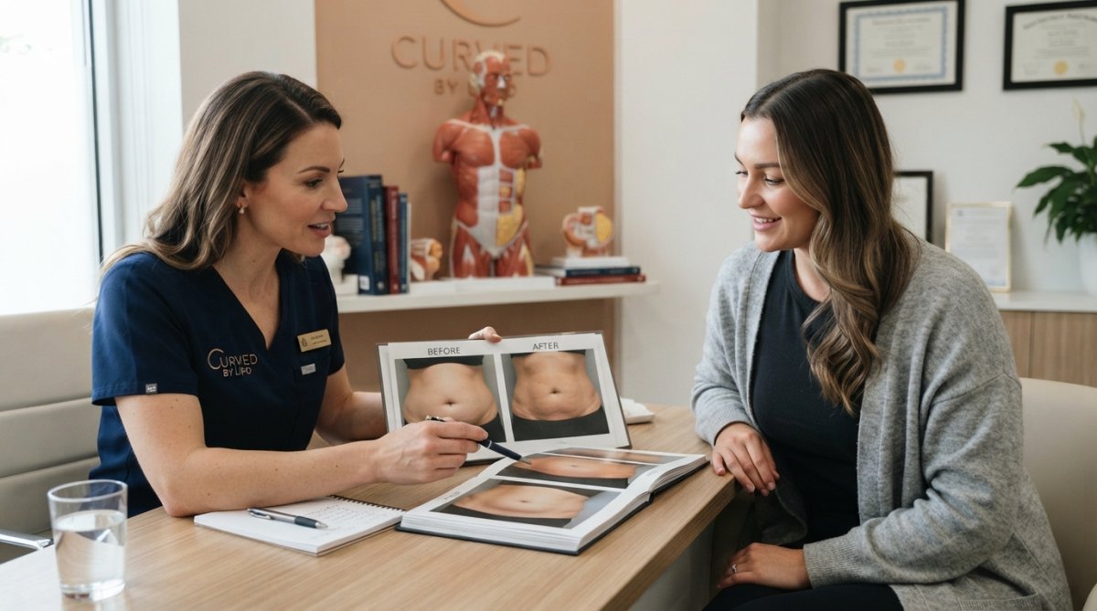 Surgeon and patient reviewing body contouring goals and before-and-after photos at consultation desk in bright, professional clinic setting with anatomical models visible