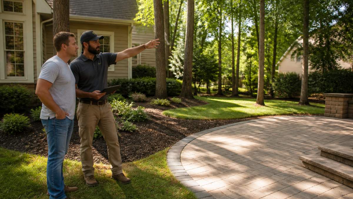 Professional contractor and homeowner standing in a residential backyard, contractor pointing to the yard layout while reviewing notes on a tablet, with morning sunlight filtering through trees
