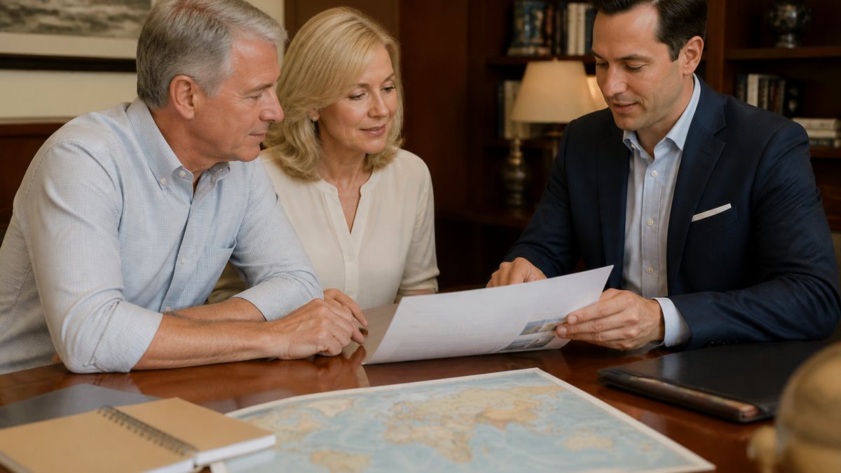 A luxury travel advisor and a mature couple reviewing a printed itinerary at a polished wooden desk, with a world map and notebook nearby in a warm, well-lit office