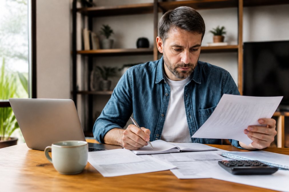 Small business owner reviewing financial statements and bank reconciliation documents while choosing bookkeeping services.