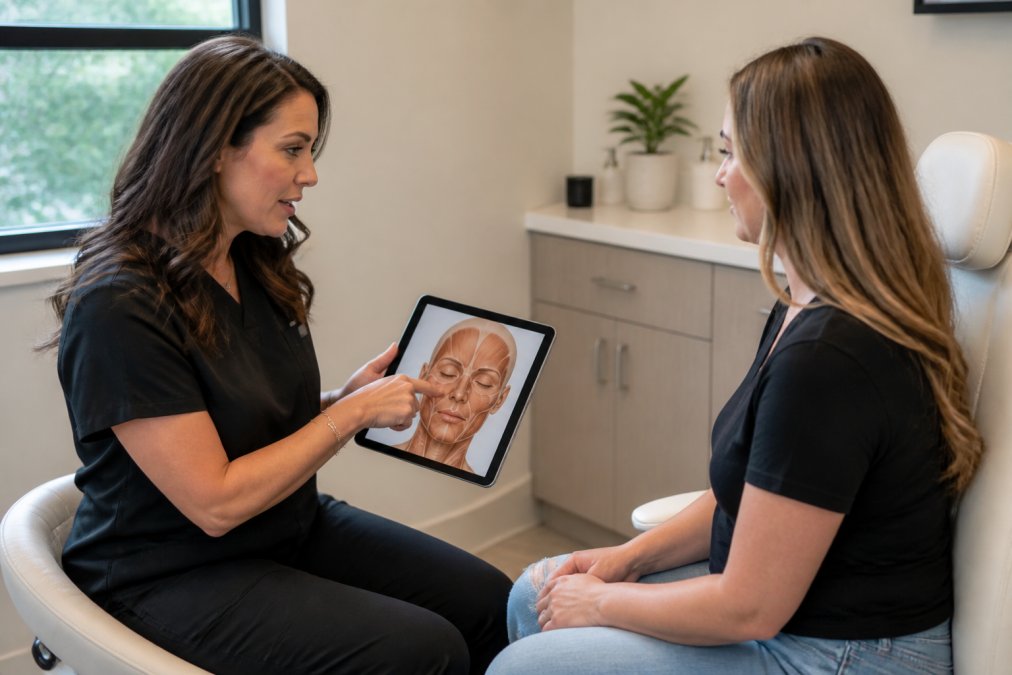 A licensed medical provider in a clean, modern treatment room showing a patient a facial anatomy diagram on a tablet, both seated and engaged in conversation, soft natural window light