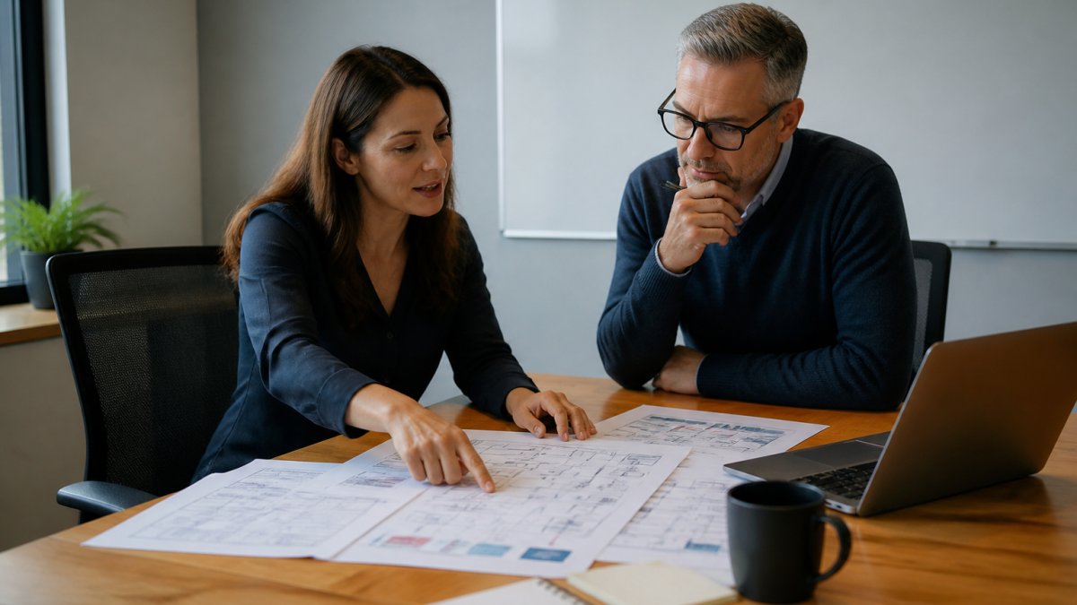 A small business owner and a consultant reviewing printed process maps and a laptop on a conference table, mid-discussion, bright office with a whiteboard behind them