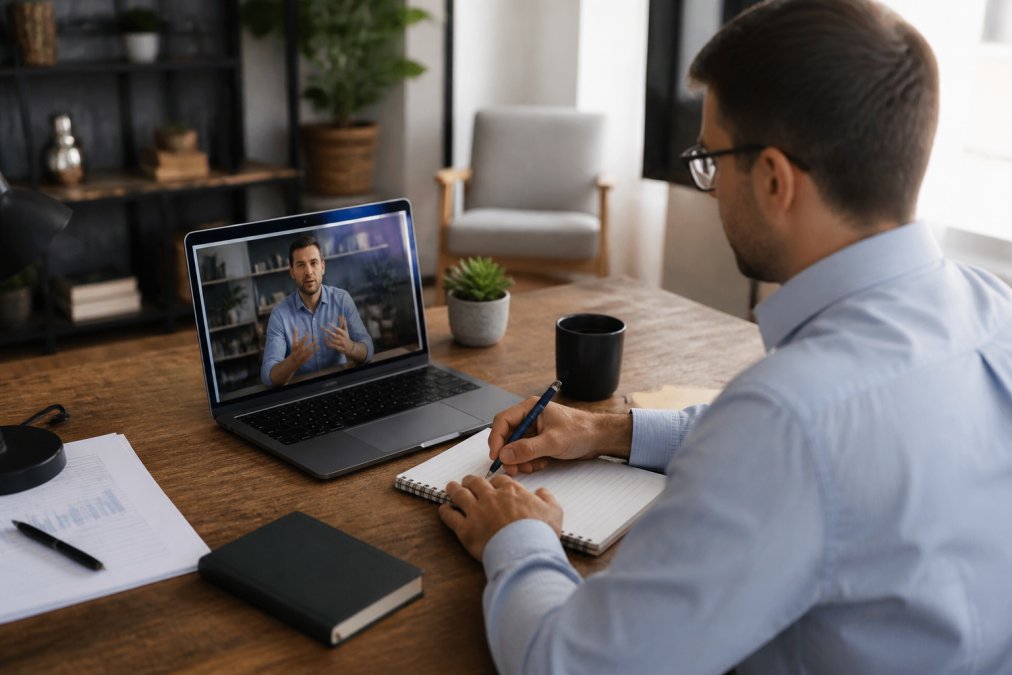 Business professional taking detailed notes during a video consultation call on a laptop in a professional home office setting with natural window lighting