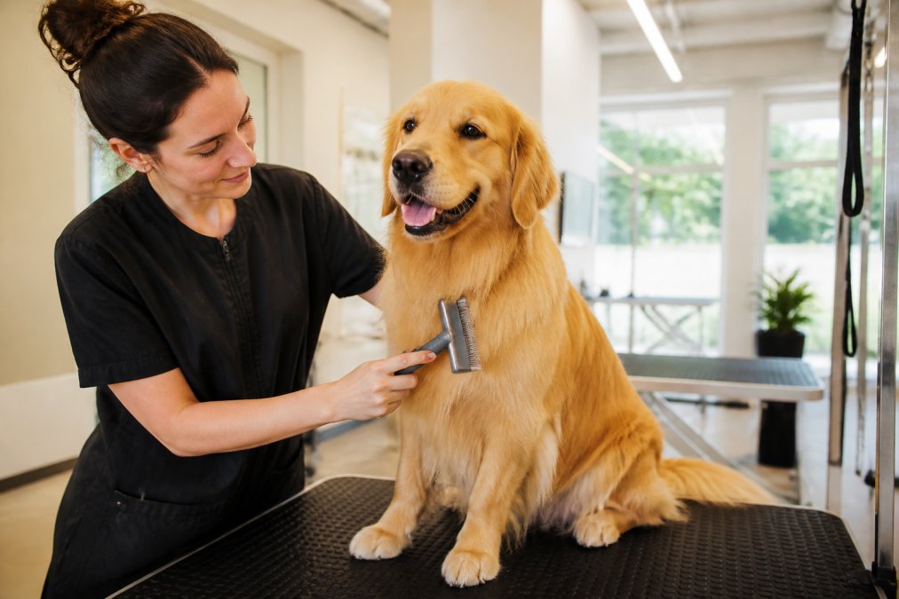 A calm golden retriever sitting on a non-slip grooming table while a professional groomer gently brushes its fur in a bright, open salon space