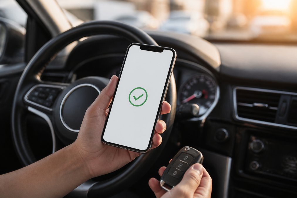 Close-up of a driver's hands holding a smartphone showing a booking confirmation screen, with a car key fob and steering wheel visible in the blurred background, warm daylight through the windshield