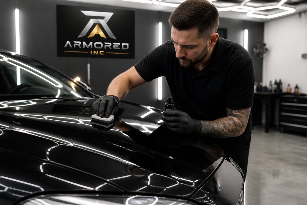 Professional technician applying ceramic coating to a vehicle's hood using precision application pads and professional-grade equipment, with careful controlled motions visible in bright workshop lighting