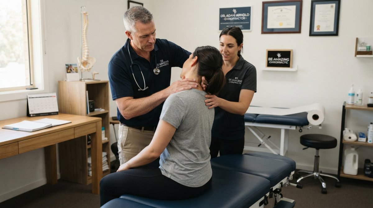 Registered chiropractor consulting with patient in modern, bright clinic room with natural lighting, reviewing health information on a clipboard
