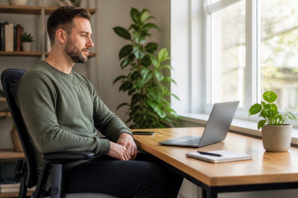 Person sitting at home desk with laptop positioned at eye level, good lighting from nearby window, clear background, comfortable posture in ergonomic chair