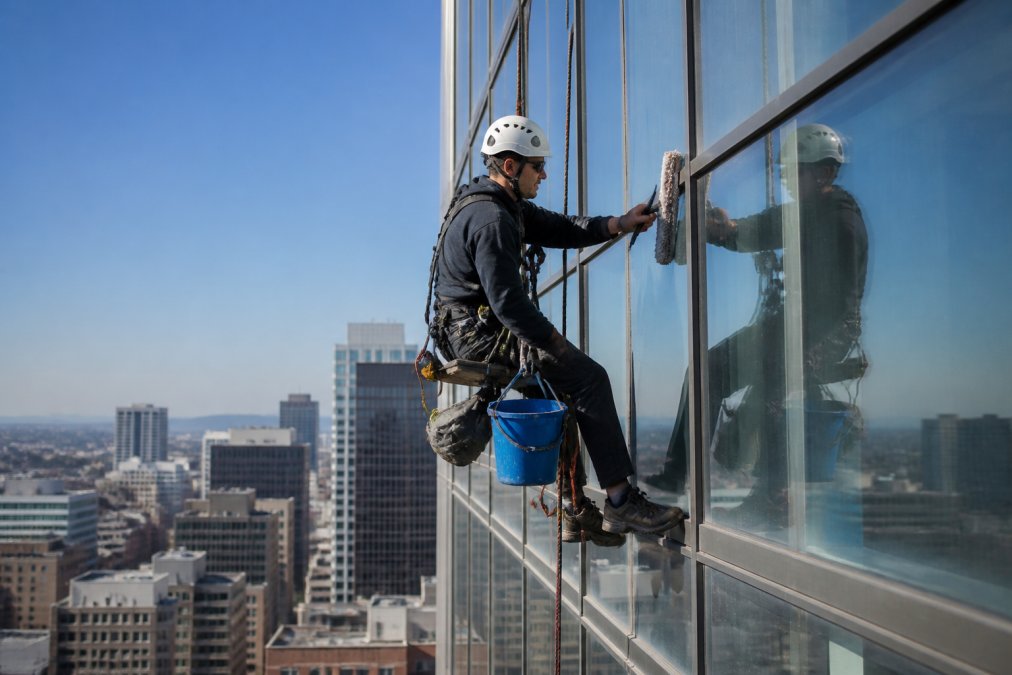 A certified window cleaning technician in a full safety harness and hard hat secured to a rope descent system, cleaning the exterior glass facade of a tall commercial office building on a bright clear day