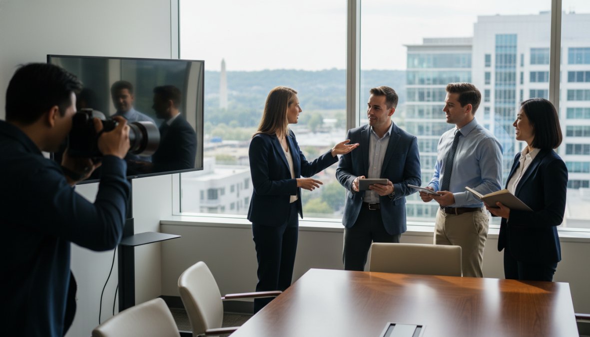 A professional photographer adjusting studio lighting while capturing executive headshots in a sleek Northern Virginia conference room with a branded backdrop and warm ambient light
