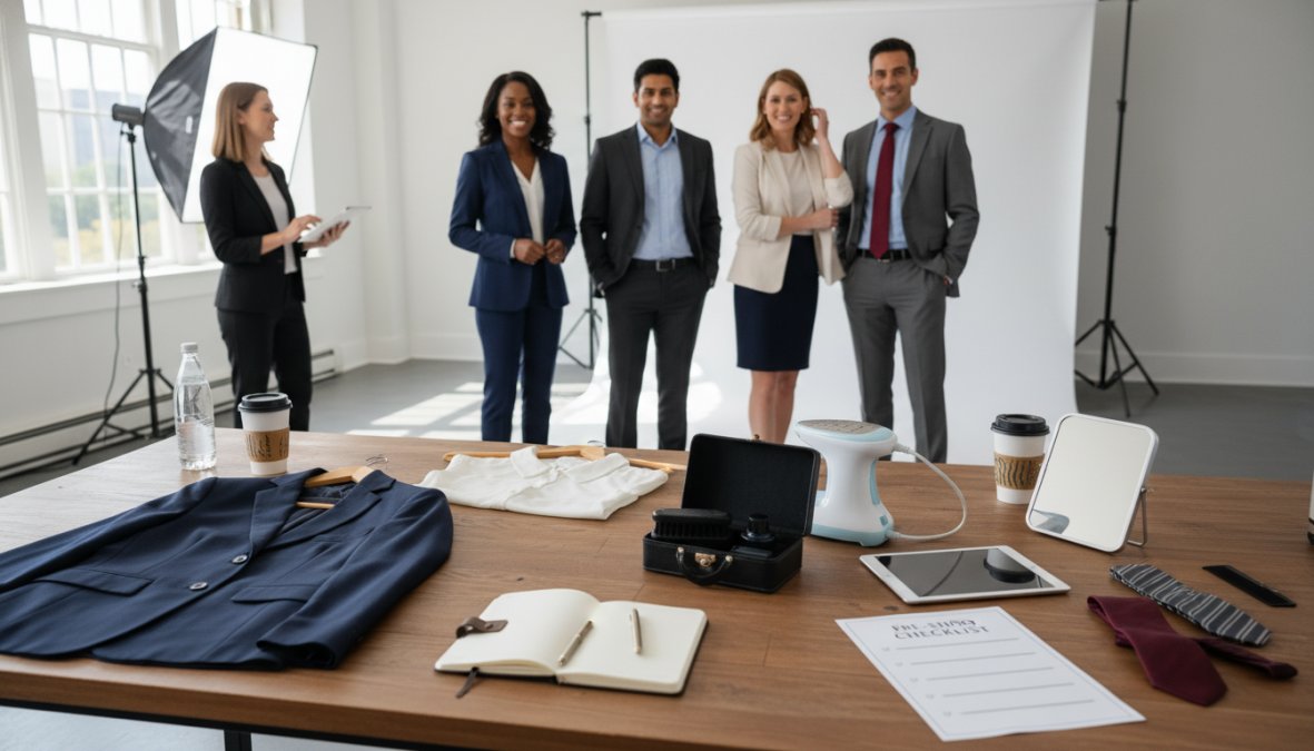 A group of six corporate professionals in polished business attire standing confidently in a bright photography studio, smiling and relaxed before their headshot session, with soft studio lighting and a neutral backdrop