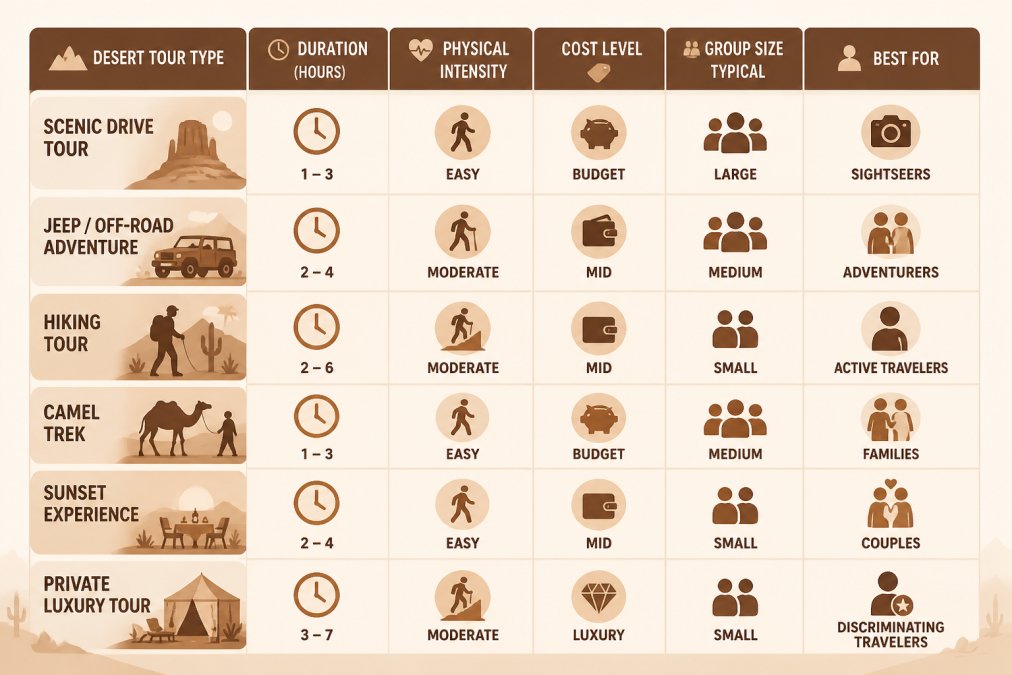 Comparison matrix of six desert tour types showing columns for duration (1-7 hours), physical intensity (easy/moderate/strenuous), cost level (budget/mid/luxury), group size typical (small/medium/large), and best for (specific traveler types)
