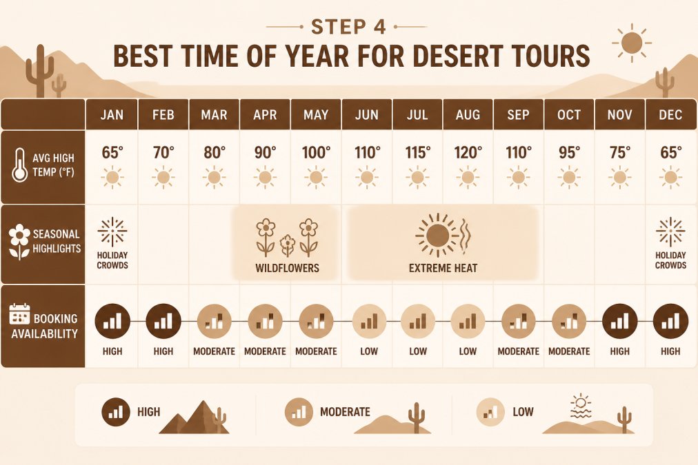 Timeline/calendar chart showing monthly weather patterns with average high temperatures (ranging 65°F winter to 120°F summer), seasonal highlights (wildflowers April-May, holiday crowds Dec-Jan, extreme heat June-Aug), and relative booking availability (high winter, low summer, moderate spring/fall)