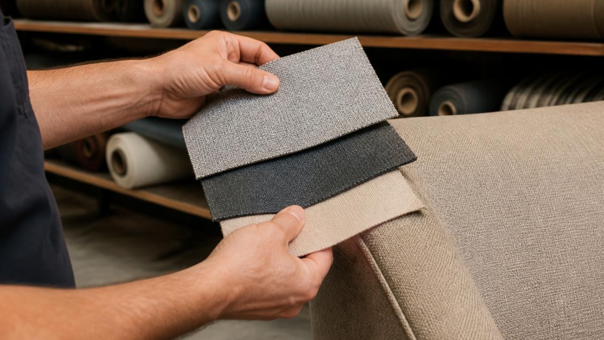 Close-up of a craftsman's hands comparing three upholstery fabric swatches against a sofa arm, with rolls of fabric stacked on shelves behind in a warm workshop