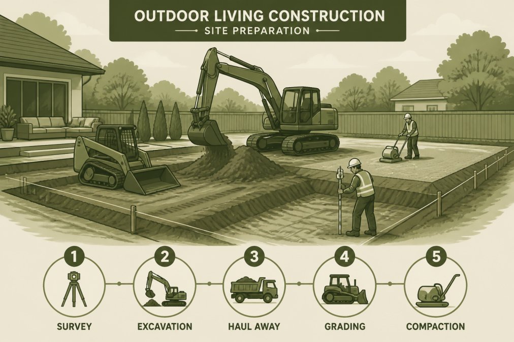 Residential backyard during construction showing excavation equipment, grading work, and site preparation with workers on-site operating heavy machinery on a sunny day