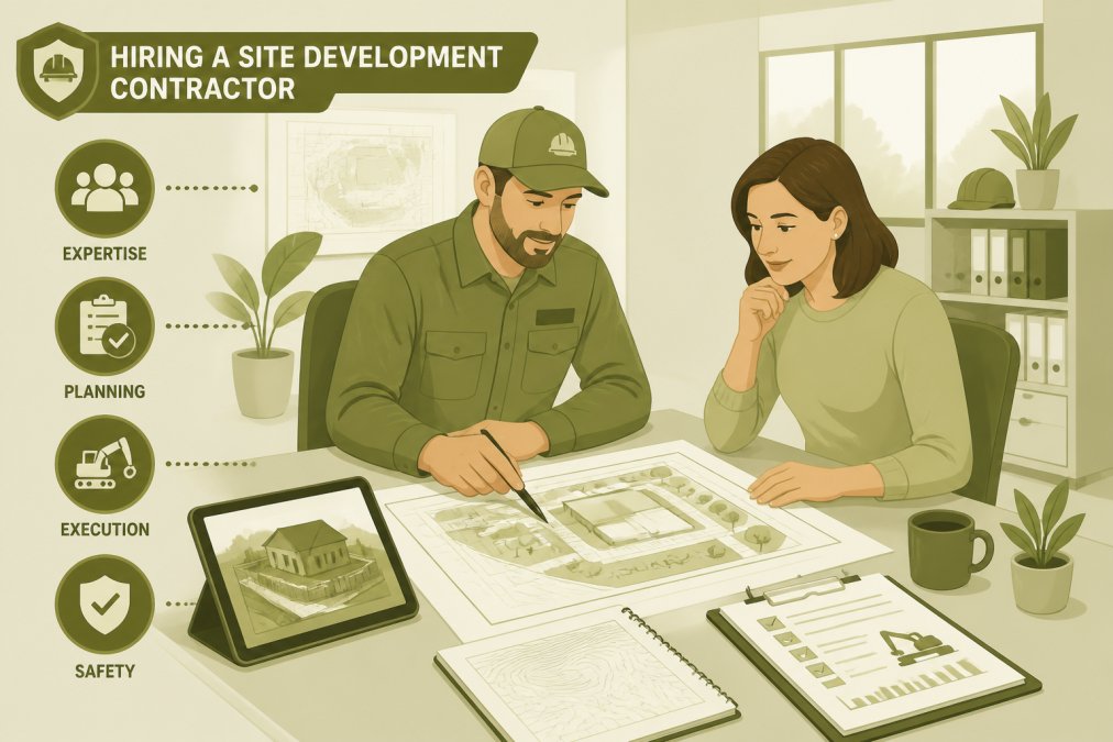 Contractor and homeowner reviewing construction plans and blueprints together at a table with a tablet and printed documents in a bright office setting