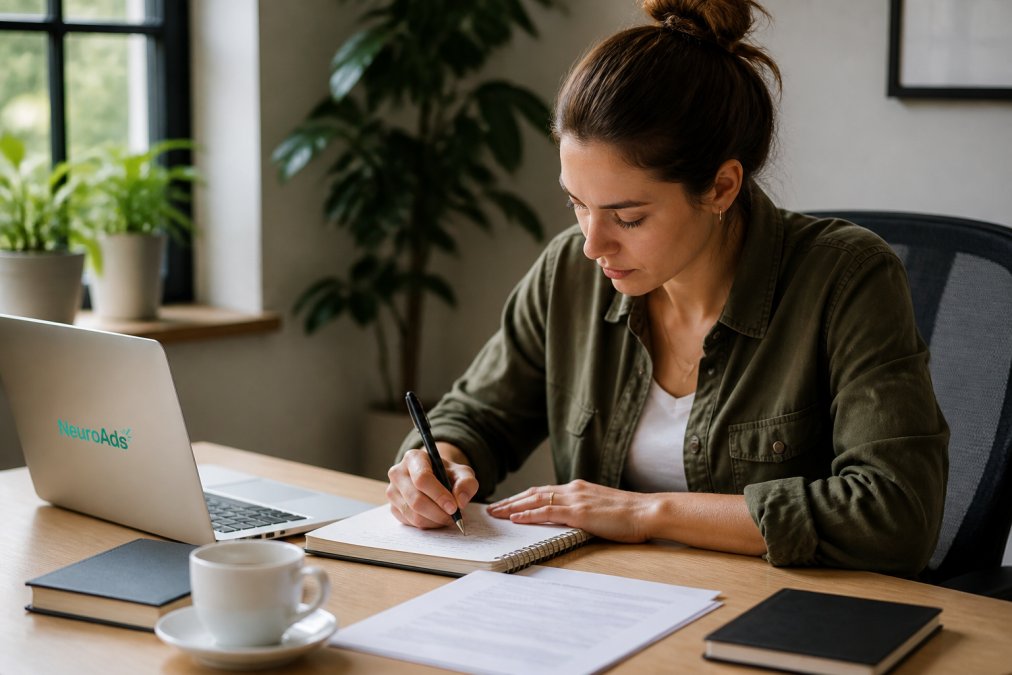 Marketing professional taking detailed notes on a laptop while preparing a list of demo questions, with coffee and notepad visible on desk, natural office lighting