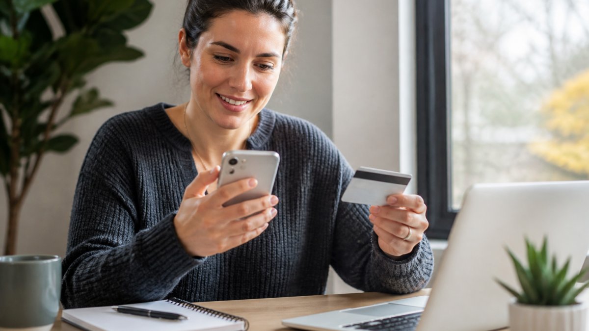 Person smiling while reviewing dental information on a smartphone and laptop at home, natural window lighting, holding insurance card and notebook