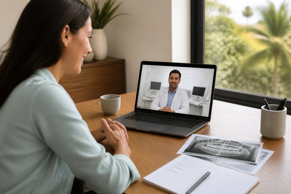 A patient sitting at a home desk, smiling while on a video call with a dentist on a laptop screen, dental X-rays and printed notes visible nearby, warm natural light from a nearby window
