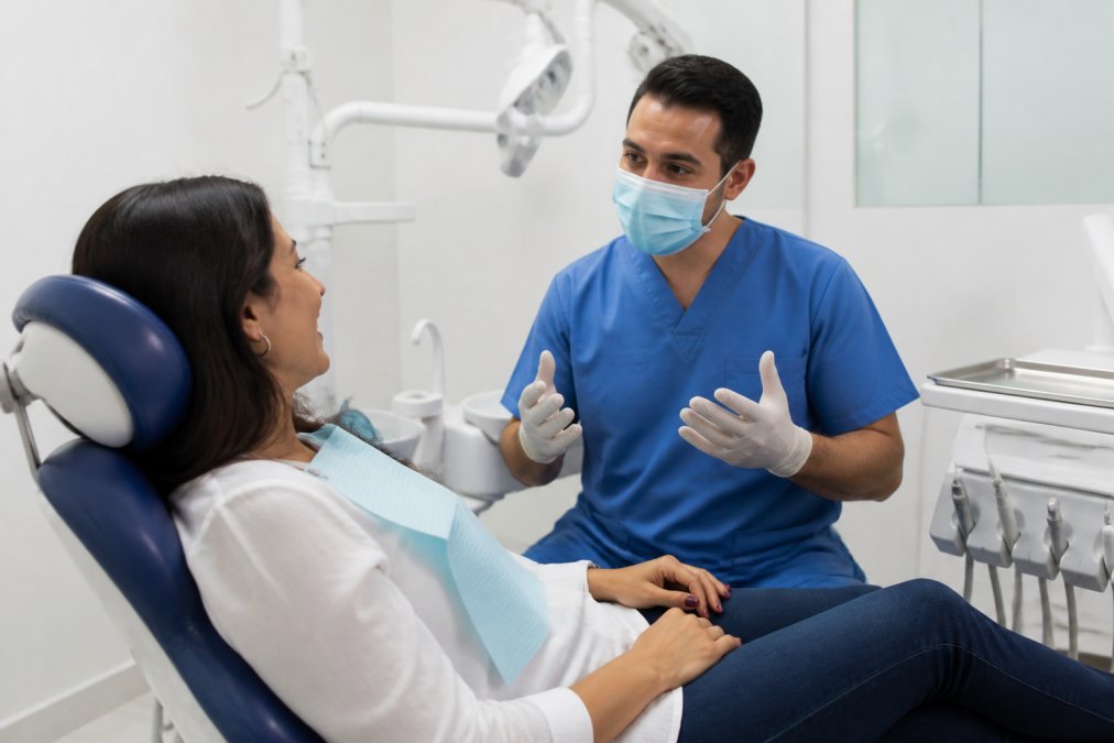 A modern, brightly lit dental clinic treatment room with a dentist in blue scrubs speaking with a patient seated in the chair, clinical instruments and equipment visible in the background