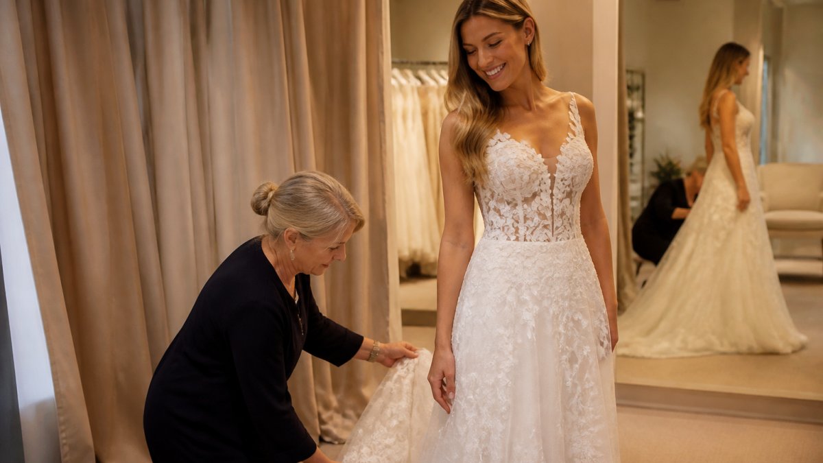 A bride smiling whilst trying on a designer wedding dress with her stylist adjusting the fabric, warm lighting in an elegant boutique fitting room