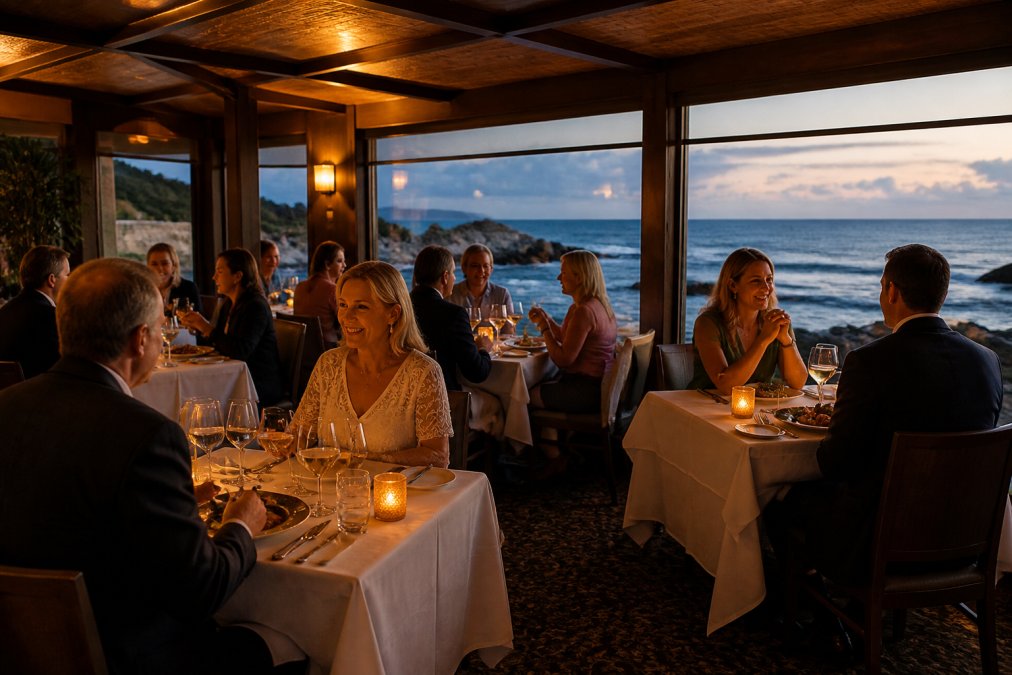 Elegant dining room with warm ambient lighting, white tablecloths, and guests enjoying plated dishes at tables with ocean-view windows in background