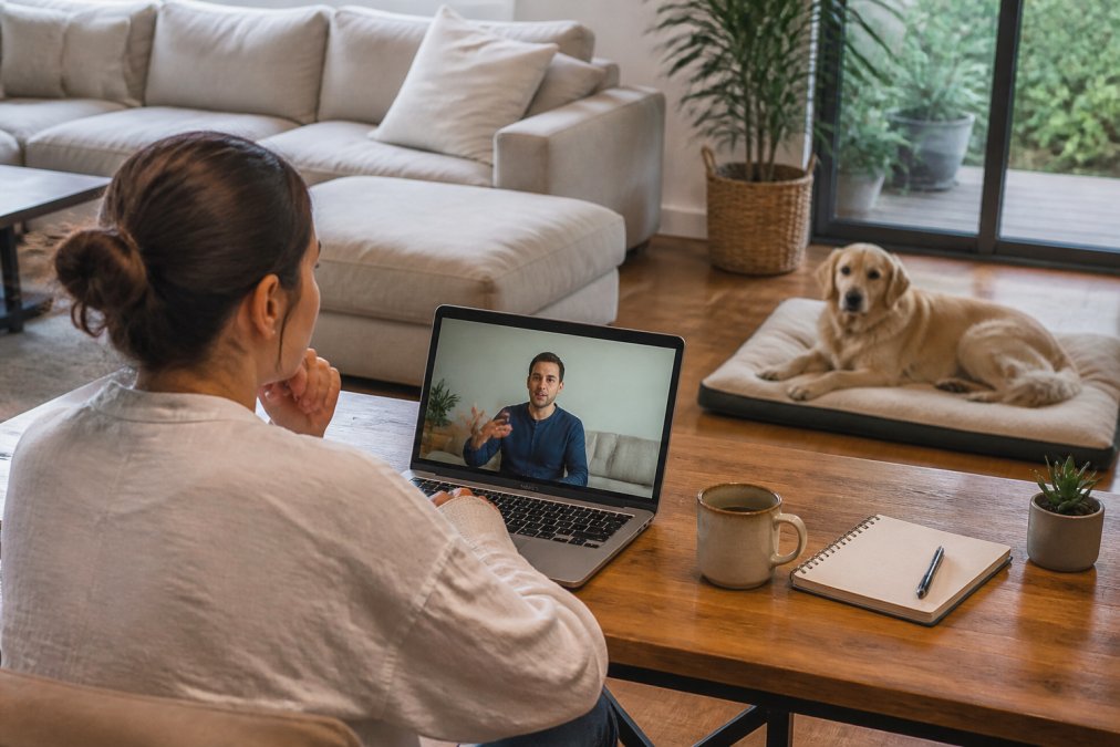 Dog owner sitting at home with laptop open during video call, professional trainer visible on screen, dog sitting on comfortable mat nearby in living room with natural window lighting
