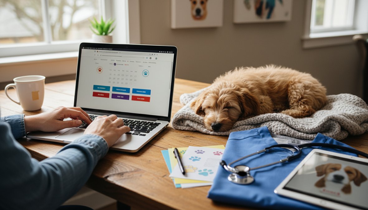 A pet owner sitting at a wooden desk, smiling while booking a veterinary appointment on a laptop, with a small golden retriever resting beside them in warm natural window light