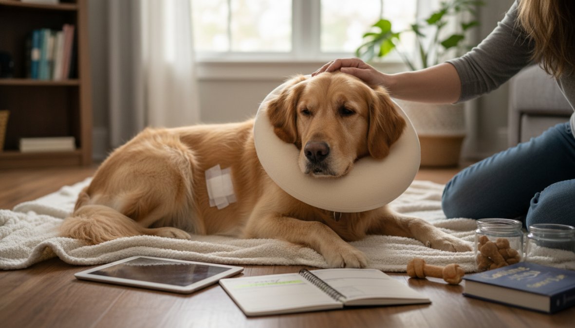 A calm female dog wearing a clear plastic e-collar resting on a soft fleece dog bed at home after surgery, with a caring owner gently petting her in warm indoor lighting